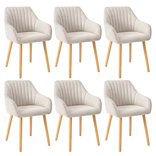 Goeurvant Chaises Beige Salle à Manger avec Accoudoirs Lot de 6 Chaises Fauteuil rembourrée en Polyester avec Pieds en Bois pour Salon Cuisine et Bureau