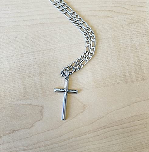 14K White Gold FIGARO Chain CUBAN LINK Style Cross Pendant Necklace Solid plated Clasp for Men, Husband Father Miami Cuban Link Diamond Cut Religious Beveled Edge2
