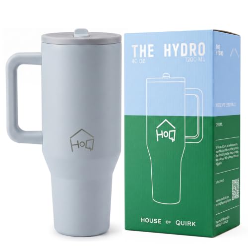 Image of House of Quirk 1200ML Tumbler with Handle & Simple Flip Straw - Car Cup Holder Friendly, Leak Resistant Stainless Steel Water Bottle with Rubber Base (Smoke)