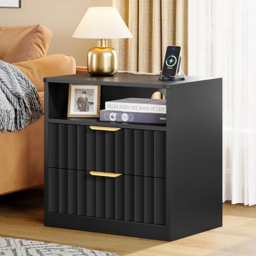 Image of TEENFON Fluted Nightstands Set of 2, Night Stand with Charging Station and LED Light, Nightstand with Storage Drawer and Open Shelf, Bedside Table for Small Space, Bedroom, Black