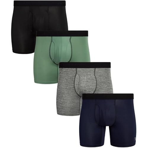 Reebok Mens Boxer Briefs - 4 Pack Stretch Performance Boxers for Men with Functional Fly, 6" Inseam Mens Underwear Boxers