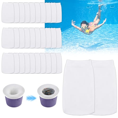 Foydream 30 Piezas Calcetines Skimmer Piscina, Nailon Skimmer Flotante Piscina, Filtra Cestas Skimmer para Piscinas Reutilizable y Elástico para Atrapan Hojas, Cabello, Aceite, Hierba, Basura