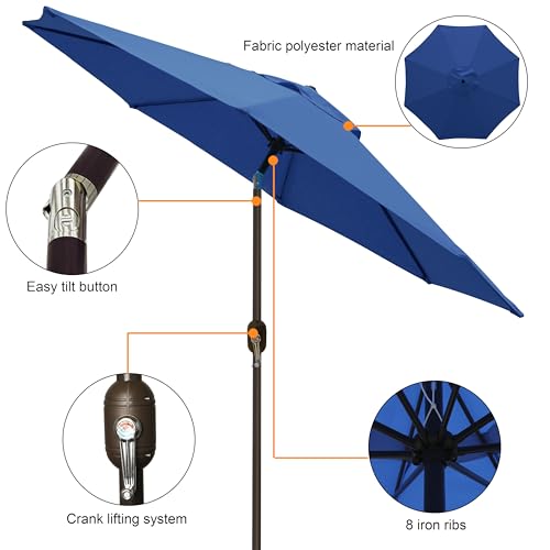Blissun 9\' Outdoor Patio Umbrella, Outdoor Table Umbrella, Yard Umbrella, Market Umbrella with 8 Sturdy Ribs, Push Button Tilt and Crank (Navy Blue)