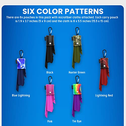 Microfiber Glasses & Lens Cleaner – Eyeglass Cleaning Cloth - Open Bottom Pouch & Carabiner - Water Resistant - 6 Pack - Delicate Surfaces & Sensitive Optics - Glasses, Camera Lenses, Gadget Screens #TOP3