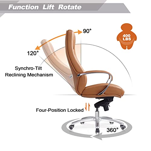 Genuine Leather Office Chair With High Back Aluminum Swivel Base Ergonomic Synchro-Tilt Reclining Mechanism Real Leather Executive Chair-Brown #TOP5