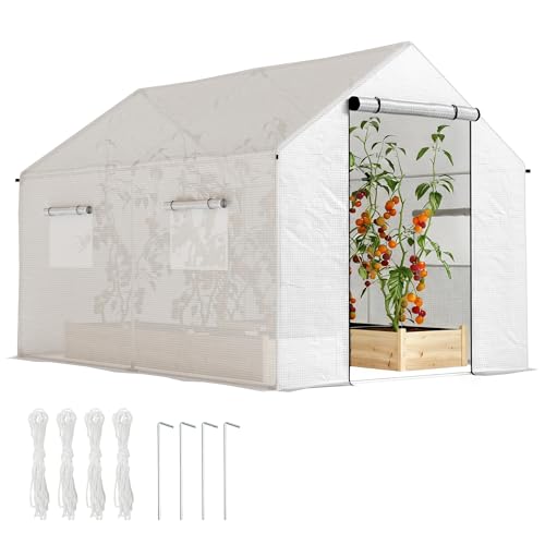 Outsunny Serre de Jardin Tunnel 2 x 3m, 6m² avec Porte Enroulable, 4 fenêtres, - Acier galvanisé PE Haute densité Blanc