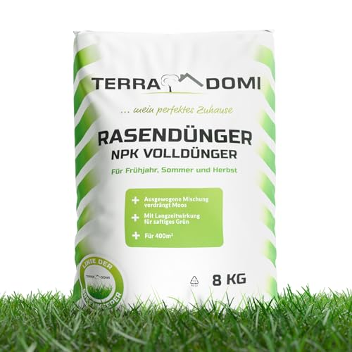 TerraDomi Rasendünger Frühjahr & Sommer 8 kg NPK 15-15-15 I Volldünger mit Langzeitwirkung I verdrängt Moos I für über 400 m² Rasen I streuwagengeeigneter Dünger | staubarm & mit extra Schwefel