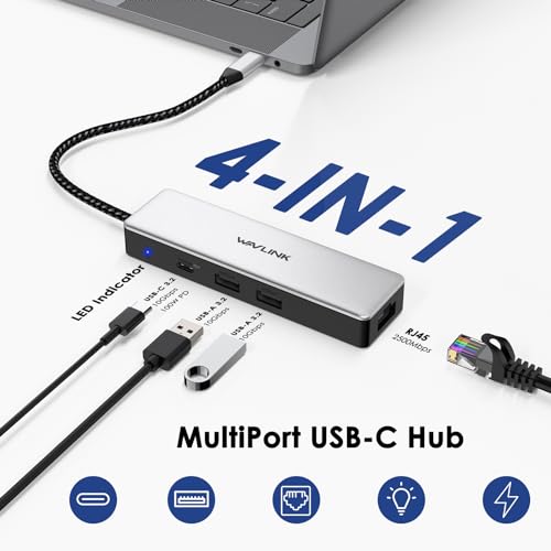 Wavlink Adattatore USB C a Ethernet 2,5Gbps, Adattatore di rete USB-C PD 100W da 10Gbps, Adattatore Internet RJ45 LAN in alluminio Driver Plug & Play per MacBook, Acer Aspire, HP, Dell, Lenovo Laptops - Hub USB - Immagine 1