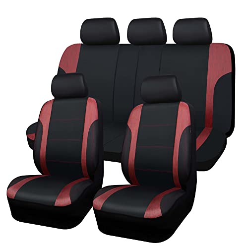 CAR-GRAND Universal Luxury Wood Grain Leather Universal Fit Full Set Car Seat Cover, Airbag Compatible,Fit for Suvs,Sedans,Vans,Trucks(Black with red)
