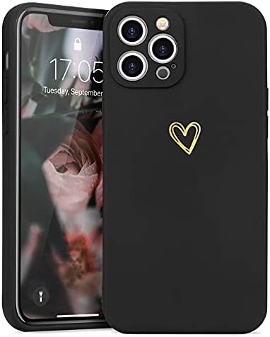 Wirvyuer Compatible with iPhone 13 Pro Phone Case for Women Girls Silky Soft Protective Shockproof Silicone Case with Gold Heart Pattern Design Black Cover