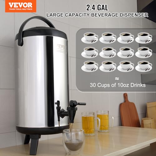 Image of VEVOR Stainless Steel Insulated Beverage Dispenser, 2.4 Gallon 9.2 Liter, Thermal Hot and Cold Drink Server Dispenser with Spigot Handle, Food-grade for Hot Tea Coffee Water Restaurant Drink Shop