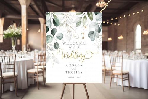 Greenery Eucalyptus Gold Wedding Welcome Sign, Wedding Welcome Sign, 3 Available Sizes, Corrugated Plastic, Indoor & Outdoor Use