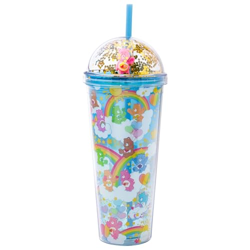 Image of Silver Buffalo Care Bears Rainbow, Dome Top Travel Tumbler, 24oz | Bedtime Bear Glitter, Friend, Good Luck, Tenderheart, Grumpy, Cheer, Love-A-Lot, 0.71 Liters