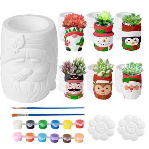 ChilArt Juego de pintura en maceta de flores de Navidad, 4 piezas para pintar tus propias macetas, juego de manualidades, macetas de cerámica pintables con paletas de pinceles, regalo personalizado