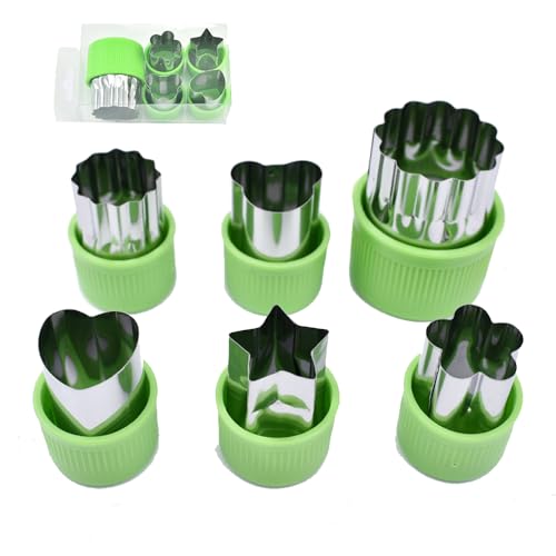 Vegetable Fruit Cutter Stainless Steel Food Mini Pie Cookie Stamps Mould Cookie Cutters Shapes Set with Anti-Slip Protection Handle for Kid Baking (6 Shapes Green)