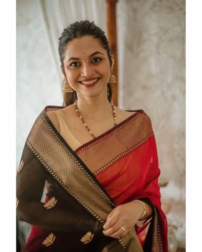 Image of Flosive Women's Cotton Red Silk Saree With Weaving With Blouse