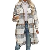 Women's Fuzzy Fleece Long Jackets Flannel Plaid Trench Coat Cozy Lapel Button Down Teddy Coat Sherpa Cardigan Outwear