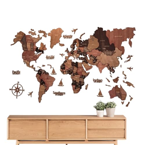Luxuoso mapa do mundo de madeira - arte de parede atraente e rústica - várias camadas para casa, escola, café, apartamento