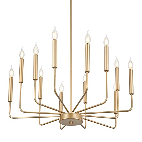 WOKNOS Modern Gold Farmhouse Chandeliers, 12-Light Industrial Metal Chandelier Lighting, Classic Candle Hanging Pendant Light Fixtures for Kitchen, Dining Room, Living Room, Entryway