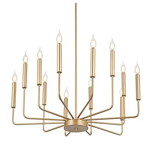 WOKNOS Modern Gold Farmhouse Chandeliers, 12-Light Industrial Metal Chandelier Lighting, Classic Candle Hanging Pendant Light Fixtures for Kitchen Island, Dining Room, Living Room, Entryway UL Listed