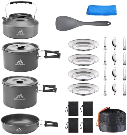 THTYBROS 27-teiliges Camping-Kochset für 2-4 Personen, tragbares Kochgeschirr-Set mit Wasserkocher, Töpfen und Pfannen, Edelstahl-Utensilien, Tellern, Geschirr für Rucksackreisen,