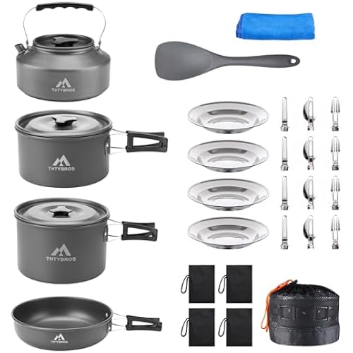 THTYBROS 27pcs Camping Cooking Set for 2-4 People, Portable Cookware Set with Kettle, Pots & Pans, Stainless Steel Utensils, Plates, Dishware for Backpacking, Picnic, Outdoor Adventures