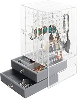 BELLE VOUS Earring Storage & Jewellery Holder - L12.8 x W13 x H24.5cm / 5.04 x 5.12 x 9.65 Inches - Dustproof Acrylic Hanging Organiser Racks & Velvet Drawers - Earrings, Necklaces, Rings & Bracelets