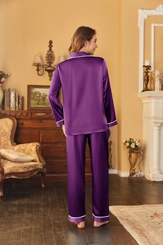 Image of Ekouaer Women's Classic Button Down Long Satin Silk Pajama Set
