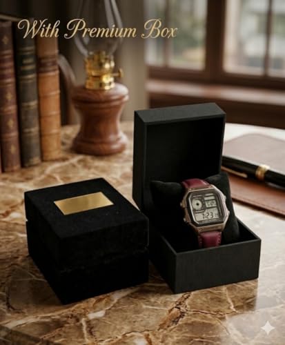 Image of Vintage Watch for Man with Premium Gift Box, Square Dial Digital Watch with World Time Map & Leather Strap, Ideal for Gifting, Unisex Retro Alarm & Chrono Watch for Men and Women