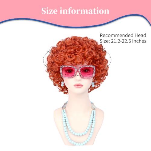 Image of Women Roper Curly Orange Red Cosplay Wig with Necklace Earrings and Sunglasses for Women Hallween Costume Wig