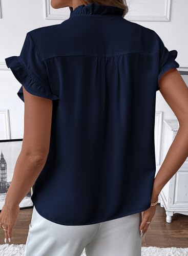 BLENCOT Women Peplum Tops Flutter Sleeve Stand Collared V Neck Button Down Blouse Ruffle Work Tops Business Casual Office Summer Outfits Large Dirty Blue — view 3