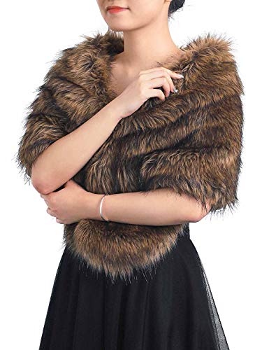 EARENT Women's Faux Fur Shawls and Wraps Bride Wedding Sleeveless 1920s Fur Scarf Bridal Fur Stoles with Brooch Winter Fur Caplet for Brides and Bridesmaids (Brown)