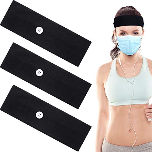 3 Pieces Button Headband Ear Protection Holder Yoga Hairband Headwrap for Face Cover, Multifunctional Hair Band for Nurse Doctor (Black)
