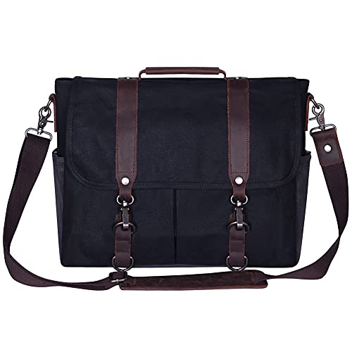 Mens Messenger Bag Waterproof Vintage Genuine Leather Waxed Canvas Briefcase Large Satchel Shoulder Bag Laptop Bag