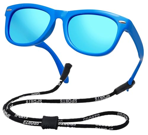 COOLSOME Kids Flexible Polarized Sunglasses for Boys Girls Age 3-10 with Straps (Mirror Blue)