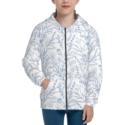 Blue Herb and Leaf Kids Pullover Hoodies Boys Zip Up Sweatshirts Girls Athletic Clothes with Pocket3