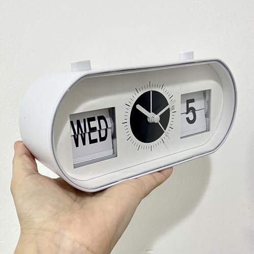 BHning Manual Flip Clock, White Color Retro Calendar Clock, Perpetual Desk Alarm Clocks, Time Day Date Display and No Noise Sweep Second Hand Silence Deesktop