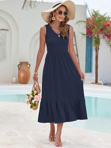 Image of AUSELILY Womens Summer Maxi Dress Casual Sleeveless V Neck Floral Dresses | A line shape with practical side pockets, Vacation dress for resort walks, Pair with low heels and simple jewelry