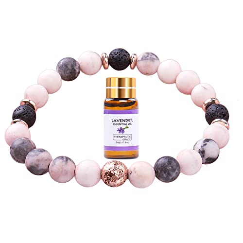 Lava Rock Diffuser Bracelets, Stone Beaded Bracelets Gift for Women Jewelry, Come with 5ml Lavender Essential Oil (Pink Zibra)2
