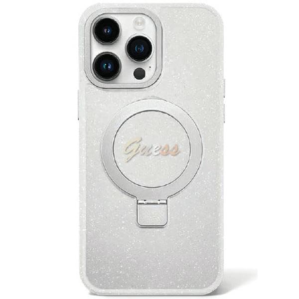 CG MOBILE Guess GUHMP15MHRSGSD Coque pour iPhone 15 Plus 6,7" Transparent Rigide avec Anneau Support Script Paillettes