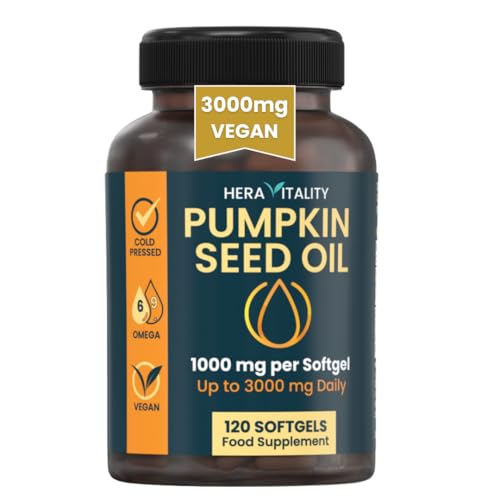Pumpkin Seed Oil Capsules 3000mg Daily – Cold Pressed Oil in Plant-Based Softgels – Prostate & Bladder Support – Omega 6 & 9 – 120 Capsules | HERA VITALITY