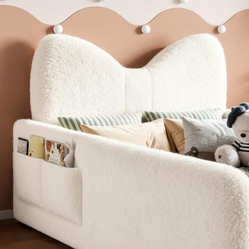 Image of Twin Size Kids Bed with Bow-Shaped Headboard, Upholstered Teddy Fabric Twin Daybed with Slats Support & Side Pockets, Space-Saving Wooden Corner Sofa Couch Bed Frame for Girls, Boys, Teenager(Beige)