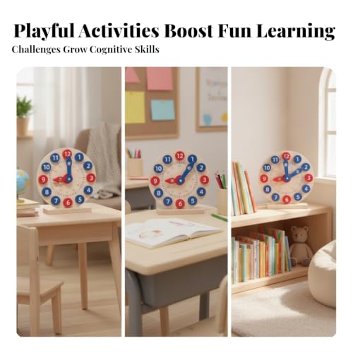 Amagogo Children Kids Clock Teaching Clock Time Teaching Clock with Sturdy Wooden Face and Interactive Time Setting Suitable for Early Math Classroom Stations Home Tutoring Parent Guided Study - Image 6