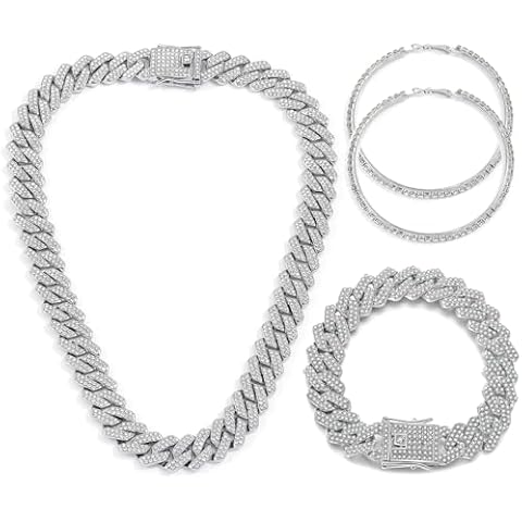 JUNVirtuous Cuban Link Chain for Women,3 Pieces Diamond Cuban Link Chain Necklace Bracelet Earrings Iced Out Chain Silver/Gold Bling Hip Hop Jewelry for Women (20 Inch, Silver) Cover