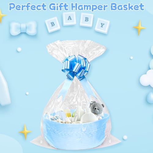 SelfTek Gift Basket Hamper Kit, Blue Rope Basket with Cellophane Bags, Raffia and Pull Bows Woven Storage Baskets Empty Gift Hamper for Shower, Wedding, Birthday, 33 x 24 x 15 cm - Image 3