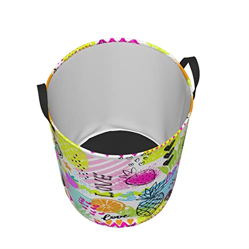 Cute Fruits-Themed Round Laundry Hamper With Pineapple Strawberry Orange Pattern, Colorful Dirty Clothes Basket For Women Girls Room, Large Foldable Storage Basket Home Organizer Bin #TOP2