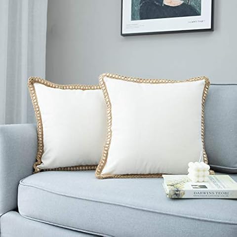 LIGICKY Pack of 2 Farmhouse Decorative Throw Pillow Covers Burlap Linen Trimmed Tailored Edges Square Pillowcases for Couch Sofa Bed Living Room, Off White 18x18 Inch Cover