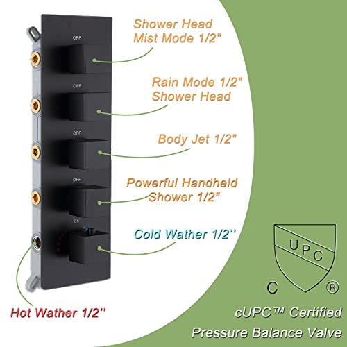 Katais Matte Black Shower Faucet Set For Bathroom, 16 Inch Ceiling Led Rain Mist Showerhead, Large Flow, Can Run All Functions Together Shower Jets System In Wall, With 6 Pcs Body Jets And Handheld #TOP3