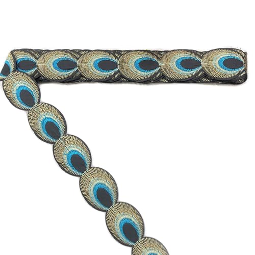 Inzegao 4.9 Yards Peacock Feather Embroidery Pattern Lace Ribbon Ethnic Style Iron-On Patch for Decor Crafts Costume Design