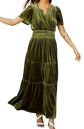 R.Vivimos Women's Fall Winter Vintage Velvet Dress Short Sleeve V Neck Elastic Waist Tiered Ruffle A-Line Flowy Elegant Maxi Dress (Medium, ArmyGreen)